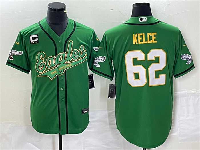 Men's Philadelphia Eagles #62 Jason Kelce Green Gold With C Patch Cool Base Stitched Baseball Jersey Men's Philadelphia Eagles #62 Jason Kelce Green Gold With C Patch Cool Base Stitched Baseball Jersey