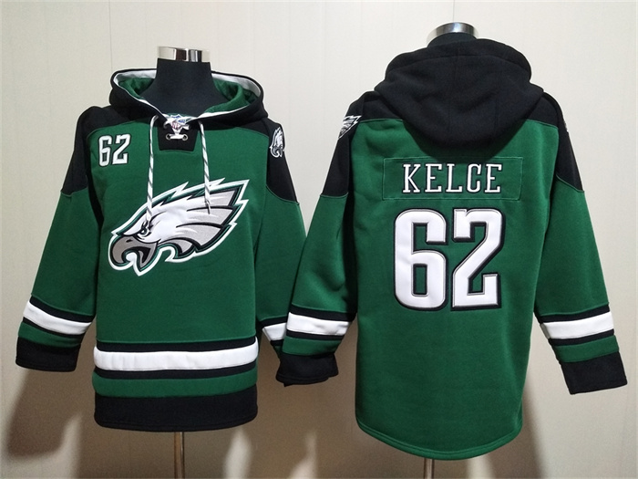 Men's Philadelphia Eagles #62 Jason Kelce Green Lace-Up Pullover Hoodie Men's Philadelphia Eagles #62 Jason Kelce Green Lace-Up Pullover Hoodie