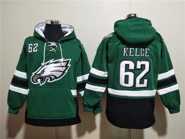 Men's Philadelphia Eagles #62 Jason Kelce Green Lace-Up Pullover Hoodie Men's Philadelphia Eagles #62 Jason Kelce Green Lace-Up Pullover Hoodie