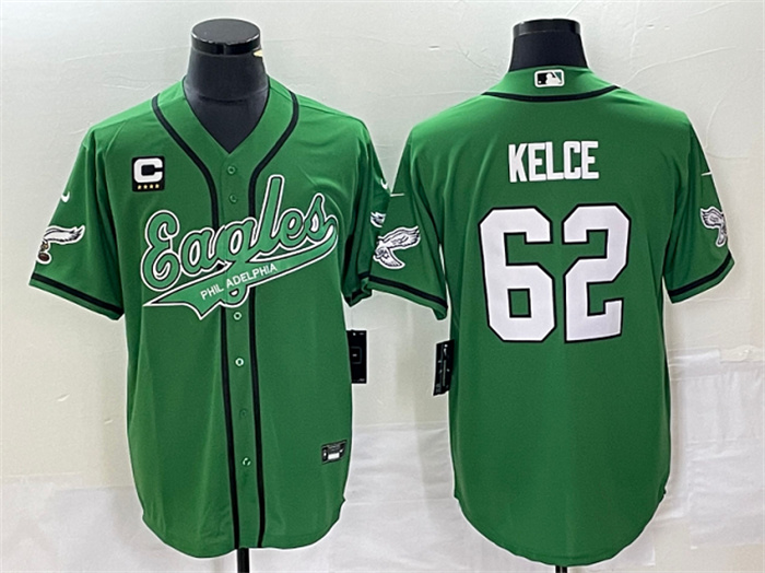 Men's Philadelphia Eagles #62 Jason Kelce Green With C Patch Cool Base Stitched Baseball Jersey Men's Philadelphia Eagles #62 Jason Kelce Green With C Patch Cool Base Stitched Baseball Jersey