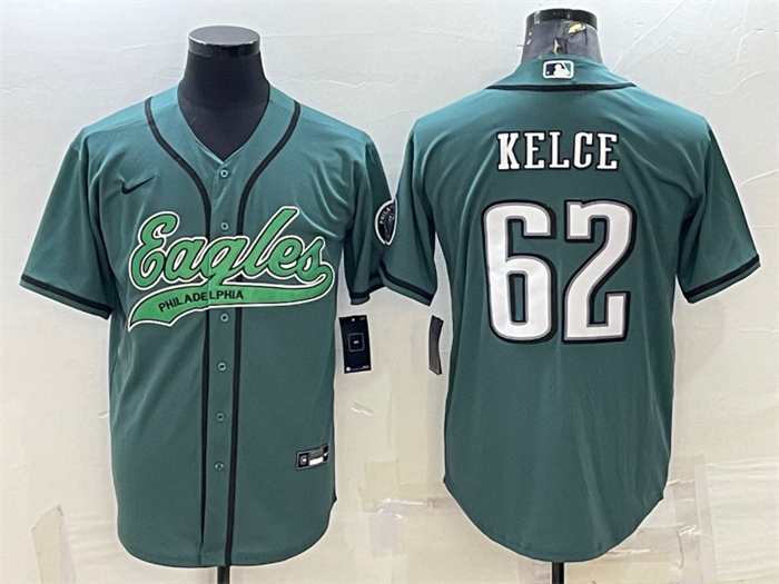 Men's Philadelphia Eagles #62 Jason Kelce Green With Patch Cool Base Stitched Baseball Jersey Men's Philadelphia Eagles #62 Jason Kelce Green With Patch Cool Base Stitched Baseball Jersey