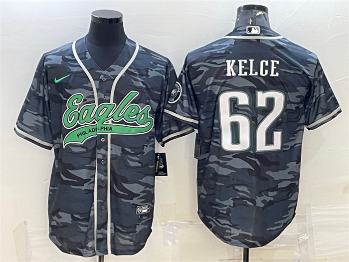 Men's Philadelphia Eagles #62 Jason Kelce Grey Camo With Patch Cool Base Stitched Baseball Jersey Men's Philadelphia Eagles #62 Jason Kelce Grey Camo With Patch Cool Base Stitched Baseball Jersey
