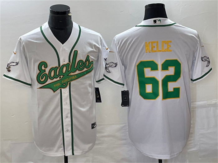 Men's Philadelphia Eagles #62 Jason Kelce White Gold Cool Base Stitched Baseball Jersey Men's Philadelphia Eagles #62 Jason Kelce White Gold Cool Base Stitched Baseball Jersey