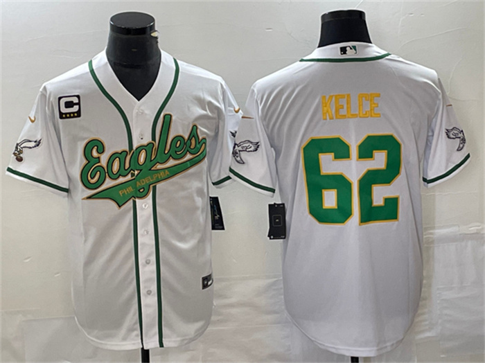 Men's Philadelphia Eagles #62 Jason Kelce White Gold With C Patch Cool Base Stitched Baseball Jersey Men's Philadelphia Eagles #62 Jason Kelce White Gold With C Patch Cool Base Stitched Baseball Jersey