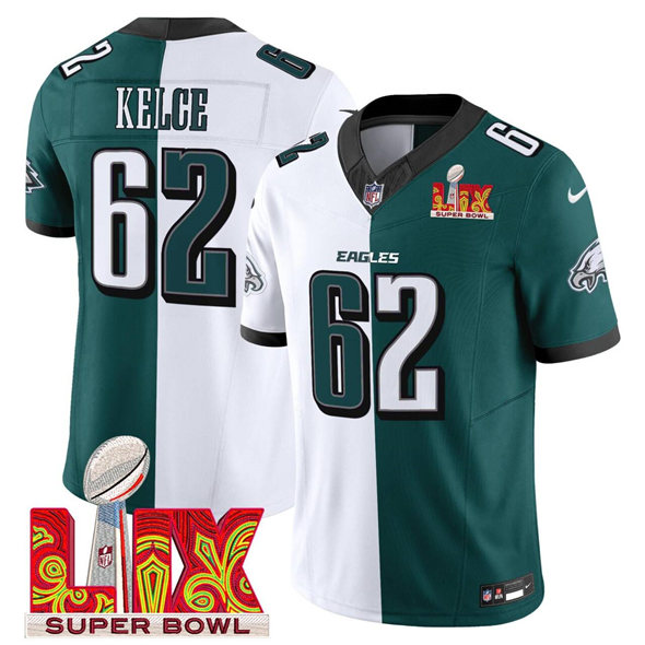 Men's Philadelphia Eagles #62 Jason Kelce White Green Split 2025 Super Bowl LIX Patch F.U.S.E. Vapor Untouchable Limited Stitched Football Jersey Men's Philadelphia Eagles #62 Jason Kelce White Green Split 2025 Super Bowl LIX Patch F.U.S.E. Vapor Untouchable Limited Stitched Football Jersey