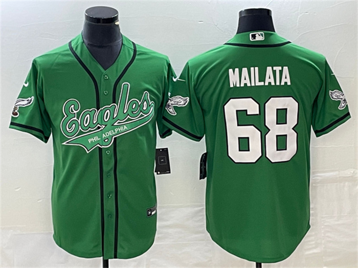 Men's Philadelphia Eagles #68 Jordan Mailata Green Cool Base Stitched Baseball Jersey Men's Philadelphia Eagles #68 Jordan Mailata Green Cool Base Stitched Baseball Jersey