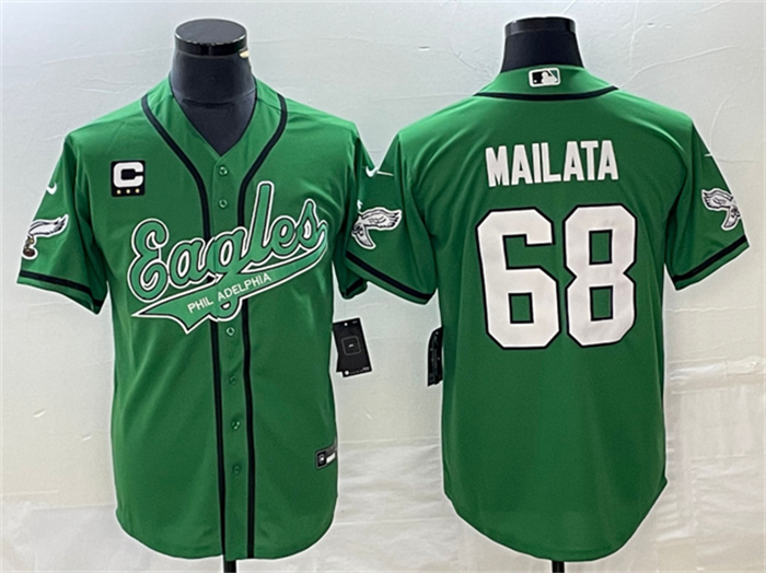 Men's Philadelphia Eagles #68 Jordan Mailata Green With C Patch Cool Base Stitched Baseball Jersey Men's Philadelphia Eagles #68 Jordan Mailata Green With C Patch Cool Base Stitched Baseball Jersey