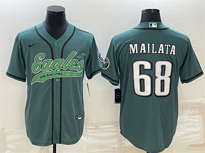 Men's Philadelphia Eagles #68 Jordan Mailata Green With Patch Cool Base Stitched Baseball Jersey