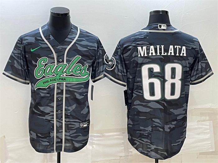 Men's Philadelphia Eagles #68 Jordan Mailata Grey Camo With Patch Cool Base Stitched Baseball Jersey