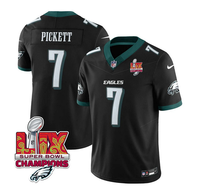 Men's Philadelphia Eagles #7 Kenny Pickett Black 2025 Eagles Logo Super Bowl LIX Patch New F.U.S.E. Vapor Limited Stitched Football Jersey Men's Philadelphia Eagles #7 Kenny Pickett Black 2025 Eagles Logo Super Bowl LIX Patch New F.U.S.E. Vapor Limited Stitched Football Jersey