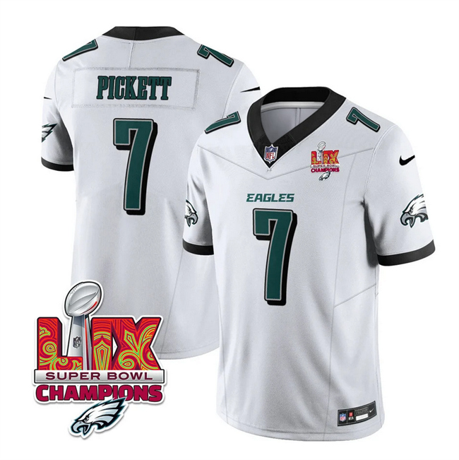 Men's Philadelphia Eagles #7 Kenny Pickett White 2025 Eagles Logo Super Bowl LIX Patch New F.U.S.E. Vapor Limited Stitched Football Jersey Men's Philadelphia Eagles #7 Kenny Pickett White 2025 Eagles Logo Super Bowl LIX Patch New F.U.S.E. Vapor Limited Stitched Football Jersey