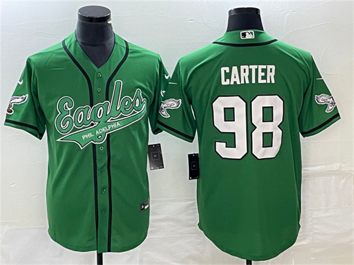 Men's Philadelphia Eagles #98 Jalen Carter Green Cool Base Stitched Baseball Jersey Men's Philadelphia Eagles #98 Jalen Carter Green Cool Base Stitched Baseball Jersey