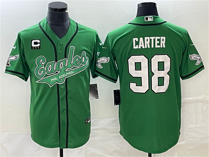 Men's Philadelphia Eagles #98 Jalen Carter Green With C Patch Cool Base Stitched Baseball Jersey Men's Philadelphia Eagles #98 Jalen Carter Green With C Patch Cool Base Stitched Baseball Jersey