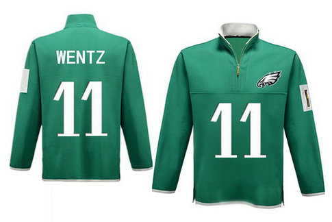 Men's Philadelphia Eagles 11 Wentz Antigua Charcoal Fortune Sweater Knit Microfleece Quarter-Zip Pullover Green Jacket