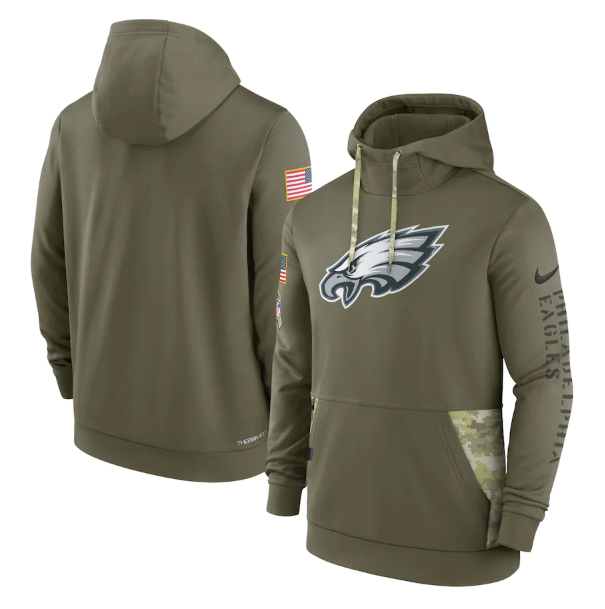 Men's Philadelphia Eagles 2022 Olive Salute To Service Therma Performance Pullover Hoodie Men's Philadelphia Eagles 2022 Olive Salute To Service Therma Performance Pullover Hoodie
