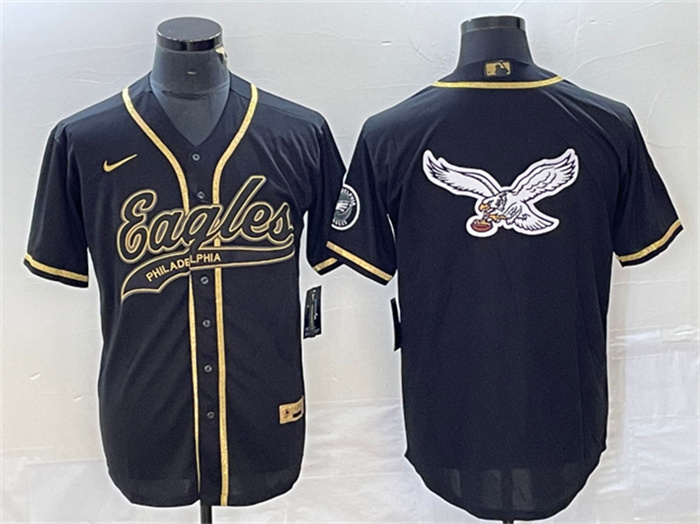 Men's Philadelphia Eagles Black Gold Team Big Logo Cool Base Stitched Baseball Jersey Men's Philadelphia Eagles Black Gold Team Big Logo Cool Base Stitched Baseball Jersey