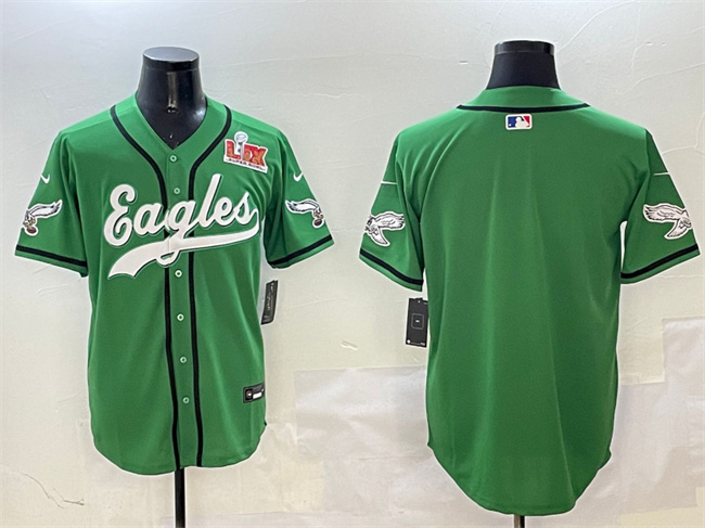 Men's Philadelphia Eagles Blank Green 2025 Super Bowl LIX Patch Stitched Baseball Jersey Men's Philadelphia Eagles Blank Green 2025 Super Bowl LIX Patch Stitched Baseball Jersey