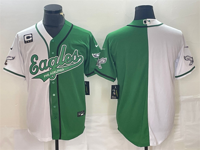 Men's Philadelphia Eagles Blank Green White Split With 3-Star C Patch Cool Base Stitched Baseball Jersey Men's Philadelphia Eagles Blank Green White Split With 3-Star C Patch Cool Base Stitched Baseball Jersey