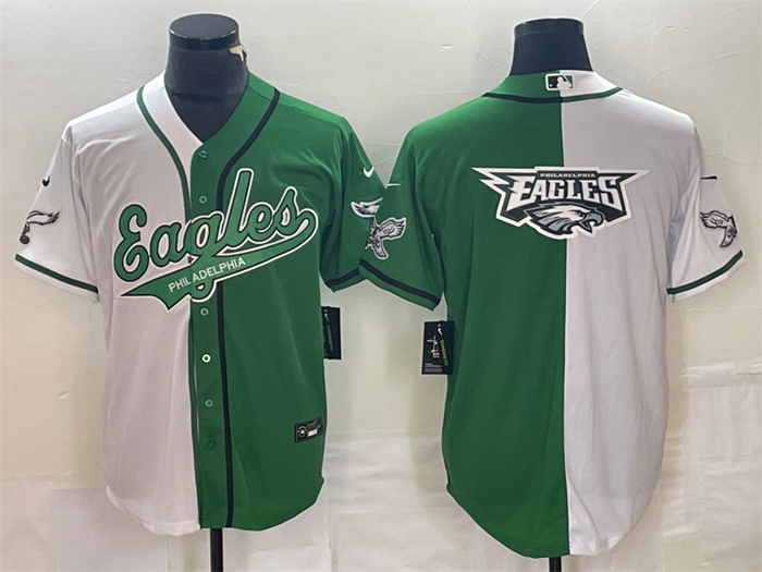 Men's Philadelphia Eagles Green White Split Team Big Logo Cool Base Stitched Baseball Jersey Men's Philadelphia Eagles Green White Split Team Big Logo Cool Base Stitched Baseball Jersey