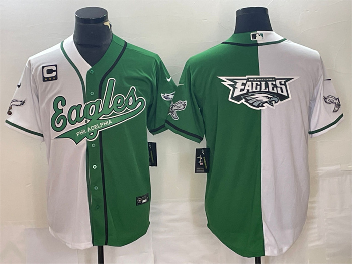 Men's Philadelphia Eagles Green White Split Team Big Logo With 3-Star C Patch Cool Base Stitched Baseball Jersey Men's Philadelphia Eagles Green White Split Team Big Logo With 3-Star C Patch Cool Base Stitched Baseball Jersey
