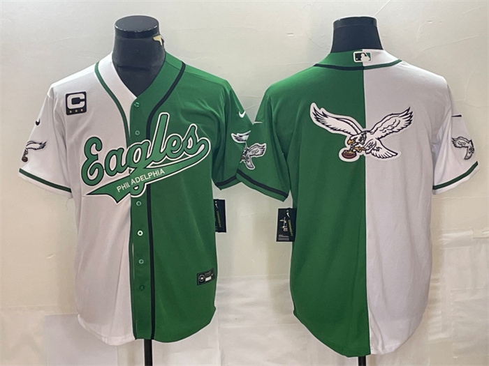 Men's Philadelphia Eagles Green White Split Team Big Logo With 3-Star C Patch Cool Base Stitched Baseball JerseyS Men's Philadelphia Eagles Green White Split Team Big Logo With 3-Star C Patch Cool Base Stitched Baseball JerseyS