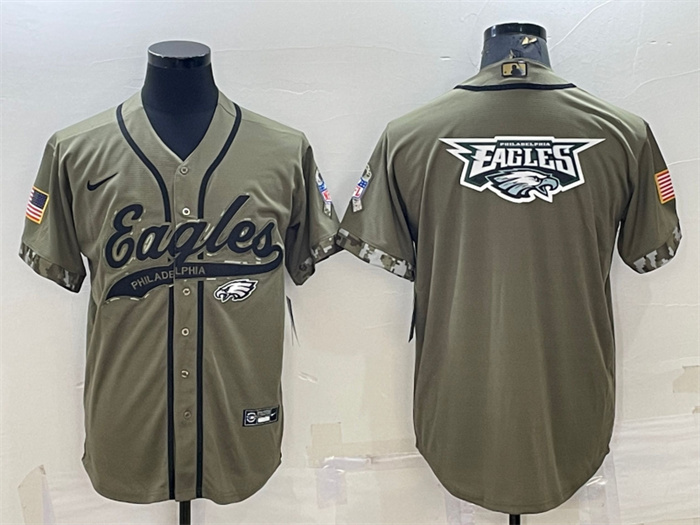 Men's Philadelphia Eagles Olive 2022 Salute To Service Team Big Logo Cool Base Stitched Baseball Jersey 001 Men's Philadelphia Eagles Olive 2022 Salute To Service Team Big Logo Cool Base Stitched Baseball Jersey 001