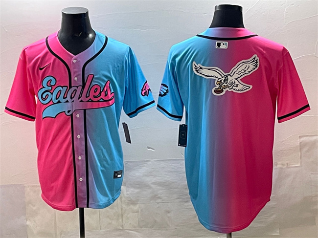Men's Philadelphia Eagles Team Big Logo Pink Blue Limited Stitched Baseball Jersey