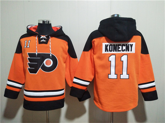 Men's Philadelphia Flyers #11 Travis Konecny Orange Ageless Must-Have Lace-Up Pullover Hoodie Men's Philadelphia Flyers #11 Travis Konecny Orange Ageless Must-Have Lace-Up Pullover Hoodie