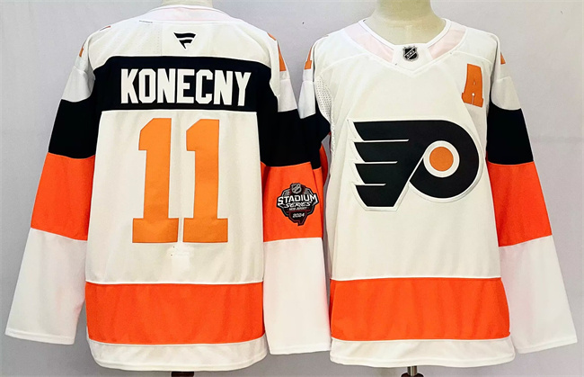 Men's Philadelphia Flyers #11 Travis Konecny White 2024-25 With A Patch Stitched Jersey Men's Philadelphia Flyers #11 Travis Konecny White 2024-25 With A Patch Stitched Jersey