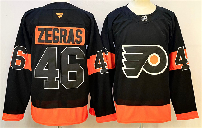Men's Philadelphia Flyers #46 Trevor Zegras Black 2024 Stitched Jersey Men's Philadelphia Flyers #46 Trevor Zegras Black 2024 Stitched Jersey