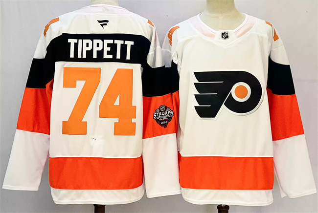 Men's Philadelphia Flyers #74 Owen Tippett White 2024-25 With A Patch Stitched Jersey Men's Philadelphia Flyers #74 Owen Tippett White 2024-25 With A Patch Stitched Jersey