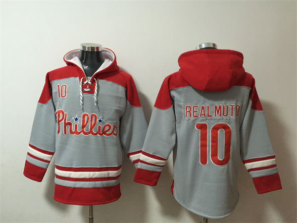 Men's Philadelphia Phillies #10 J.T. Realmuto Grey Red Ageless Must-Have Lace-Up Pullover Hoodie