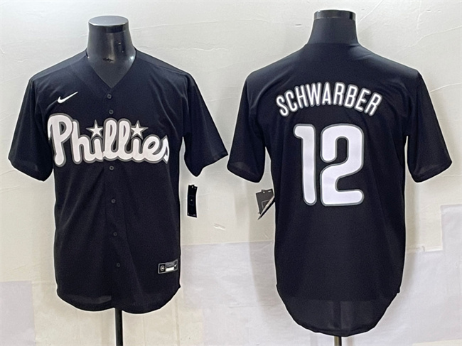 Men's Philadelphia Phillies #12 Kyle Schwarber Black Lights Out Limited Stitched Baseball Jersey