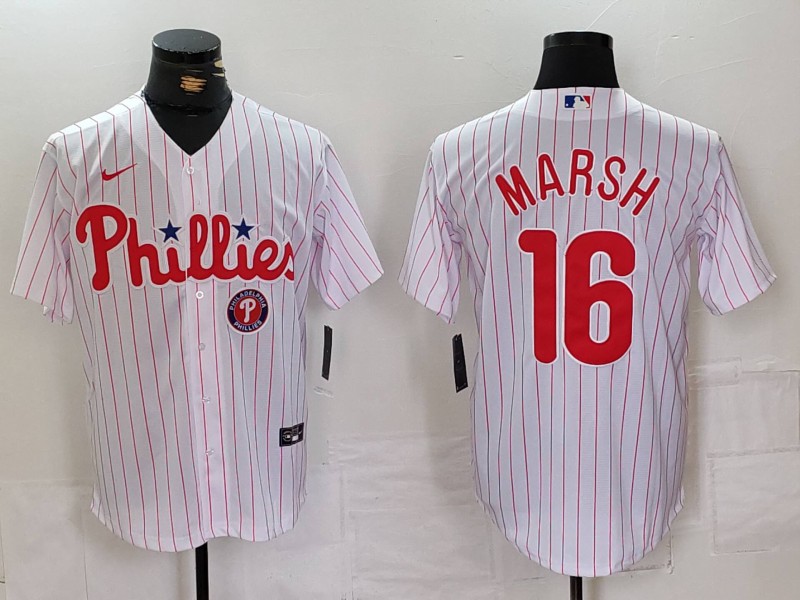 Men's Philadelphia Phillies #16 Brandon Marsh White Cool Base Stitched Baseball Jersey 2 Men's Philadelphia Phillies #16 Brandon Marsh White Cool Base Stitched Baseball Jersey 2