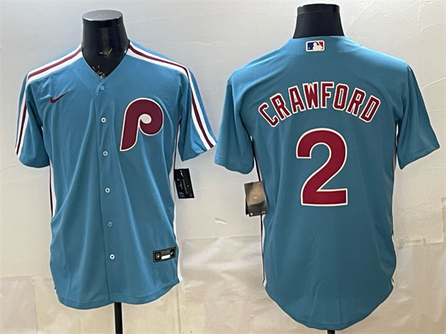 Men's Philadelphia Phillies #2 Justin Crawford Blue Cool Base Stitched Jersey Men's Philadelphia Phillies #2 Justin Crawford Blue Cool Base Stitched Jersey
