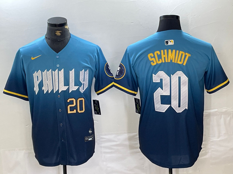 Men's Philadelphia Phillies #20 Mike Schmidt Blue 2024 City Connect Limited Stitched Jersey 1