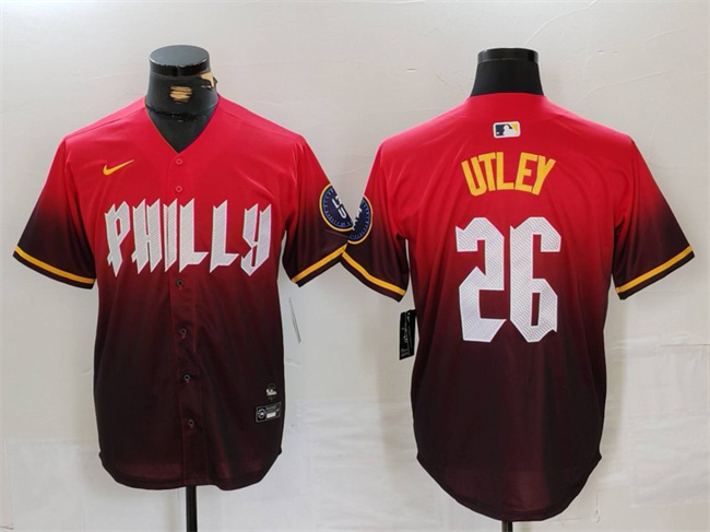 Men's Philadelphia Phillies #26 Chase Utley Red 2024 City Connect Limited Stitched Jersey Men's Philadelphia Phillies #26 Chase Utley Red 2024 City Connect Limited Stitched Jersey