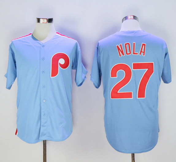 Men's Philadelphia Phillies #27 Aaron Nola  Light Blue Cool Base Cooperstown Jersey