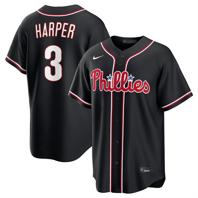 Men's Philadelphia Phillies #3 Bryce Harper 2026 Fashion Replica Black Out Stitched Baseball Jersey Men's Philadelphia Phillies #3 Bryce Harper 2026 Fashion Replica Black Out Stitched Baseball Jersey