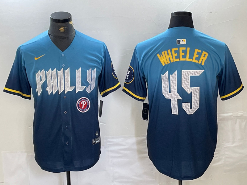 Men's Philadelphia Phillies #45 Zack Wheeler Blue 2024 City Connect Limited Stitched Baseball Jersey 3