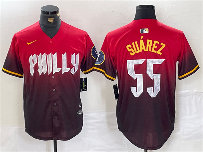 Men's Philadelphia Phillies #55 Ranger Suárez Red 2024 City Connect Limited Stitched Jersey Men's Philadelphia Phillies #55 Ranger Suárez Red 2024 City Connect Limited Stitched Jersey