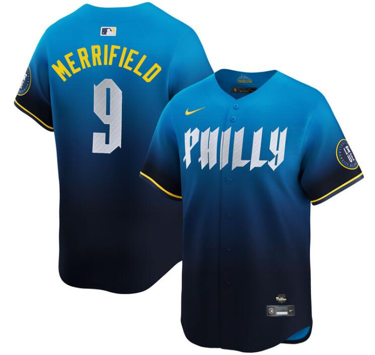 Men's Philadelphia Phillies #9 Whit Merrifield Blue 2024 City Connect Limited Stitched Jersey Men's Philadelphia Phillies #9 Whit Merrifield Blue 2024 City Connect Limited Stitched Jersey