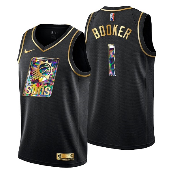 Men's Phoenix Suns #1 Devin Booker 2021 22 Black Golden Edition Diamond Logo Black 75th Anniversary Stitched Basketball Jersey Men's Phoenix Suns #1 Devin Booker 2021 22 Black Golden Edition Diamond Logo Black 75th Anniversary Stitched Basketball Jersey