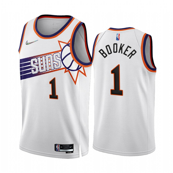 Men's Phoenix Suns #1 Devin Booker 2022 23 White 75th Anniversary Association Edition Stitched Jersey Men's Phoenix Suns #1 Devin Booker 2022 23 White 75th Anniversary Association Edition Stitched Jersey