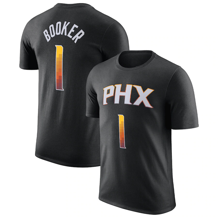 Men's Phoenix Suns #1 Devin Booker Black 2022 23 Statement Edition Name & Number T-Shirt Men's Phoenix Suns #1 Devin Booker Black 2022 23 Statement Edition Name & Number T-Shirt