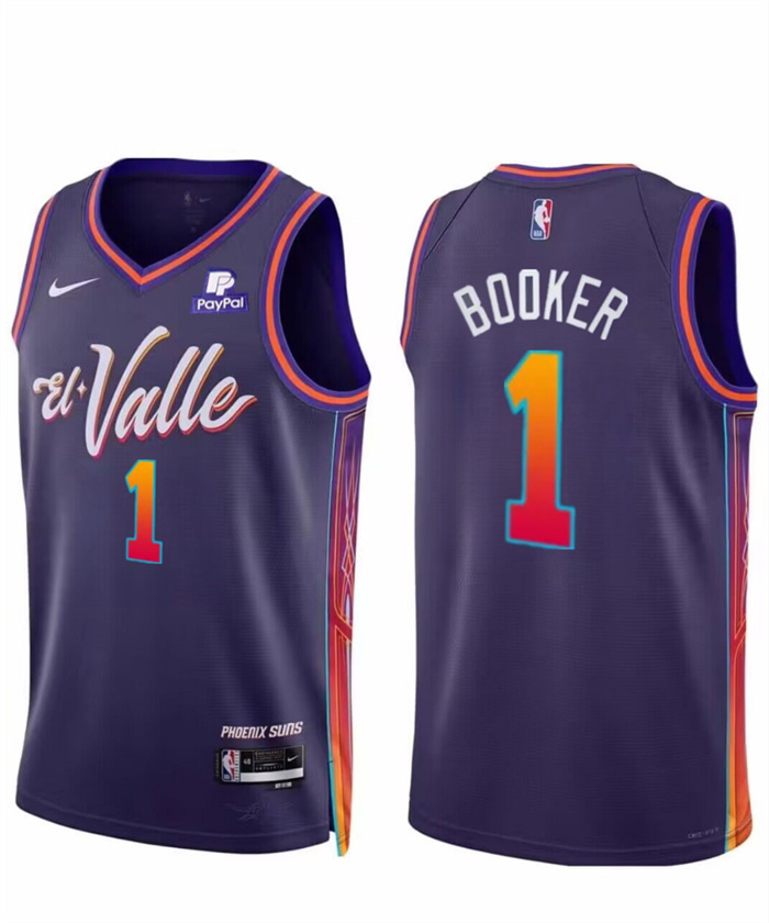 Men's Phoenix Suns #1 Devin Booker Purple 2023 24 City Edition Stitched Basketball Jersey Men's Phoenix Suns #1 Devin Booker Purple 2023 24 City Edition Stitched Basketball Jersey