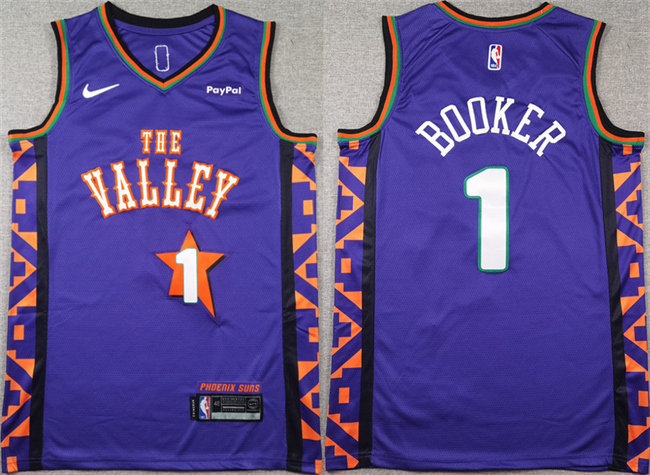 Men's Phoenix Suns #1 Devin Booker Purple 2024-25 City Edition Stitched Basketball Jersey Men's Phoenix Suns #1 Devin Booker Purple 2024-25 City Edition Stitched Basketball Jersey