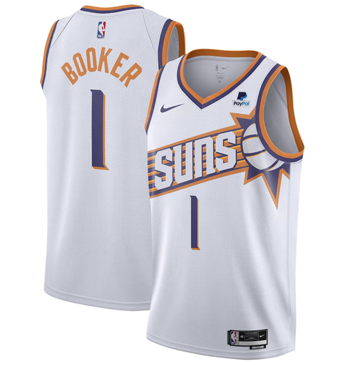 Men's Phoenix Suns #1 Devin Booker White 2023 Association Edition Stitched Basketball Jersey Men's Phoenix Suns #1 Devin Booker White 2023 Association Edition Stitched Basketball Jersey