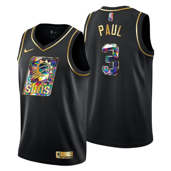 Men's Phoenix Suns #3 Chris Paul 2021 22 Black Golden Edition Diamond Logo Black 75th Anniversary Stitched Basketball Jersey Men's Phoenix Suns #3 Chris Paul 2021 22 Black Golden Edition Diamond Logo Black 75th Anniversary Stitched Basketball Jersey