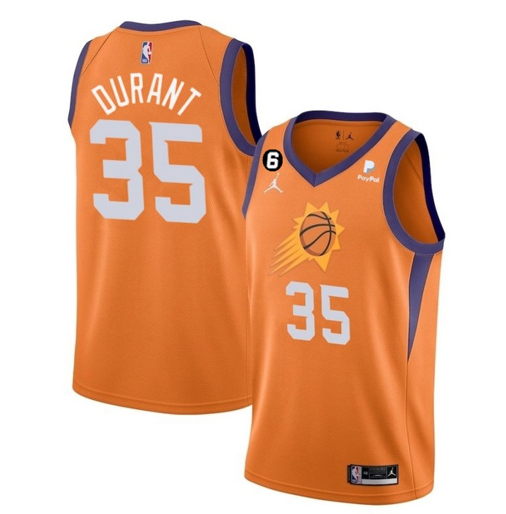Men's Phoenix Suns #35 Kevin Durant Orange With NO.6 Patch Statement Edition Stitched Basketball Jersey